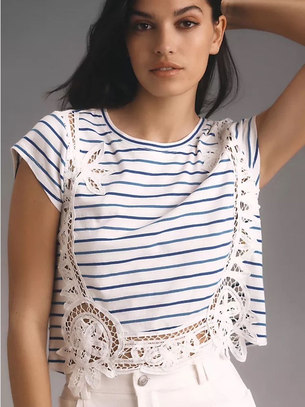 Maeve White & Blue Striped Crochet-Trim Crop Tee